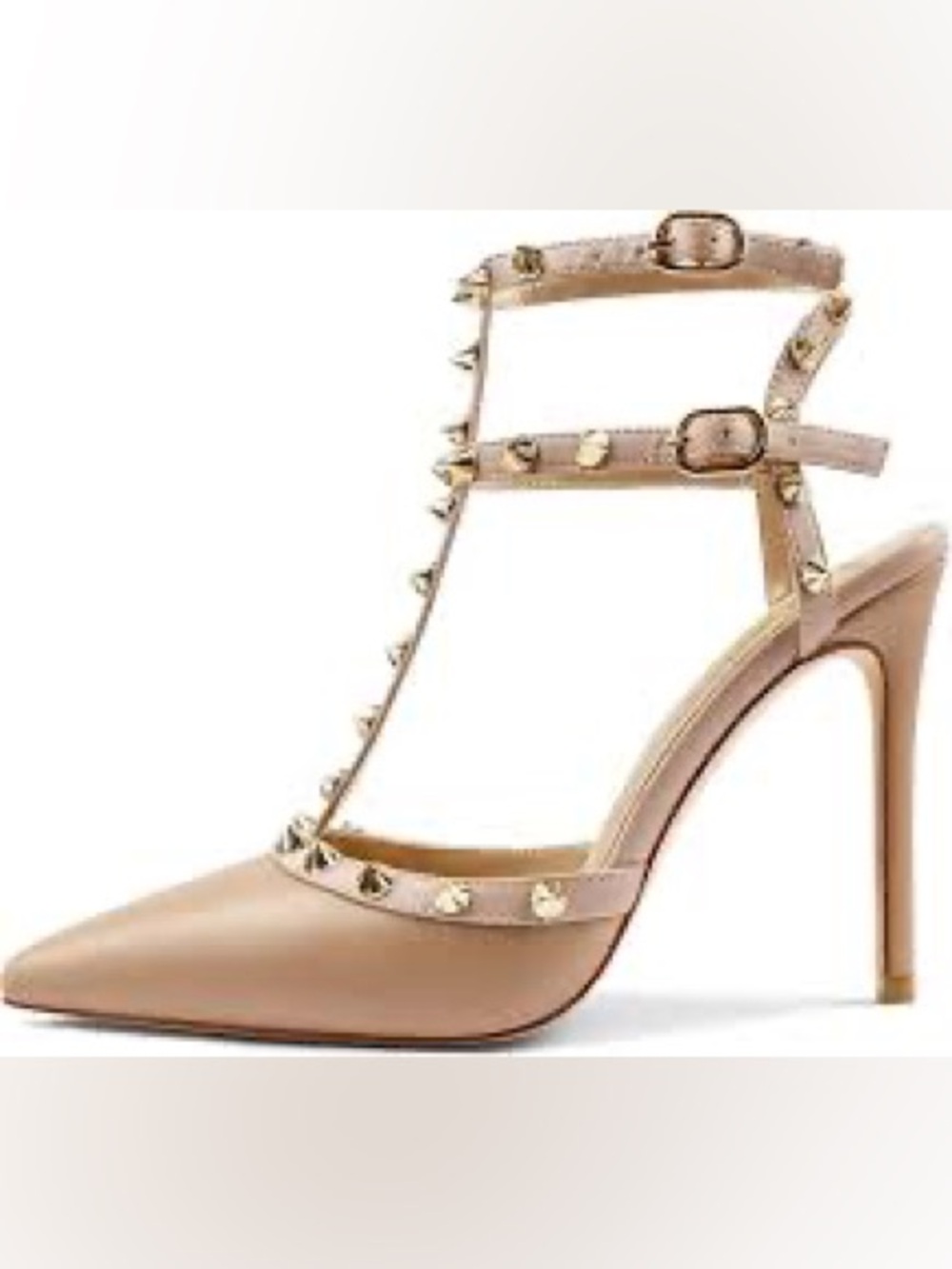 Comfity Nude patent leather Studded T-Strap Pointed Pumps